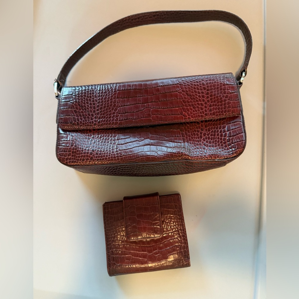 Ann Taylor Croc-Embossed Burgundy Shoulder Bag & Wallet Set